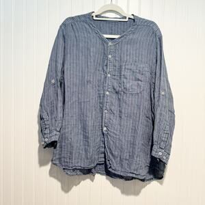 CP Shades Blue Striped Linen Top Collarless Classic Coastal Size Large